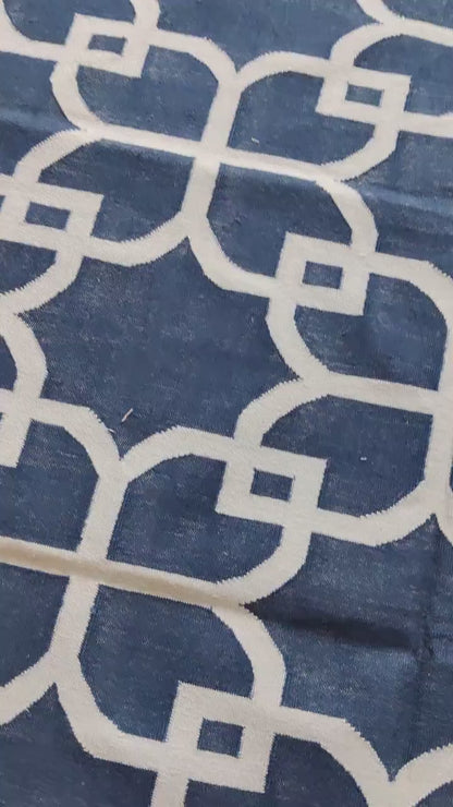 Nautical Navy Trellis Hand-Woven Petal Lattice Dhurrie