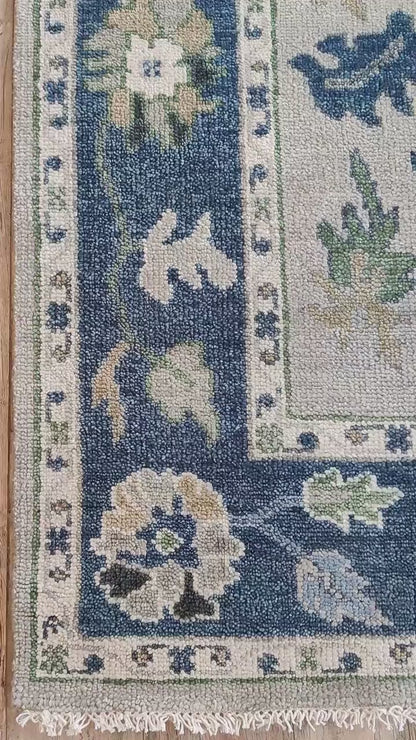 Azure Bloom Transitional Oushak Rug in Indigo Blue and Cream
