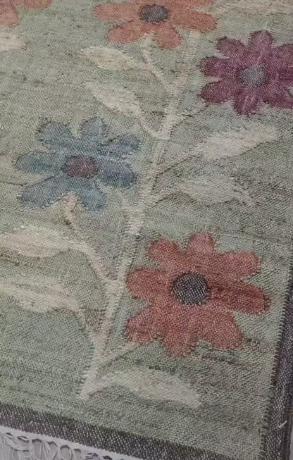 Sage Green Vintage Flower Carpet for Living Room