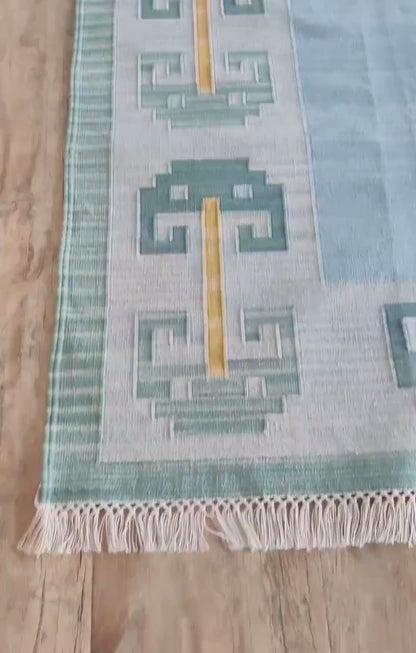 Pastel Blue Cotton Flatweave Rug Retro Modern Area Rug for Bedroom