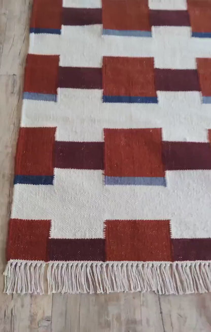 Modern Geometric Terracotta Square Pattern Handwoven Rug
