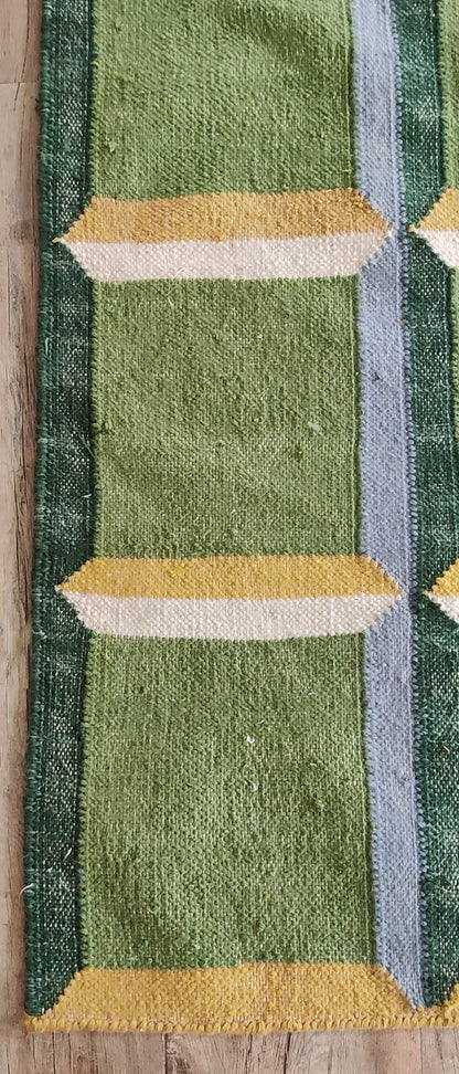 Green Panel Geometric  Wool Area Rug
