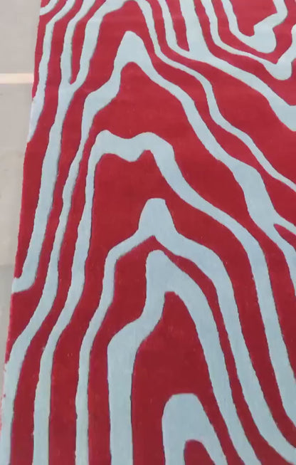 Modern Crimson & Azure Abstract Ripple Design rug