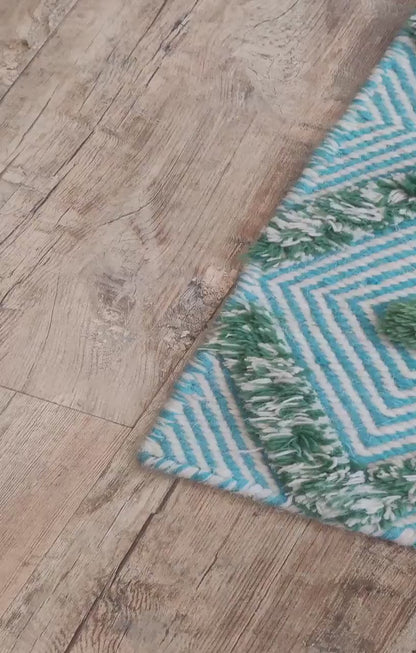 Handmade Diamond Popcorn Pattern Aqua & Jade Handloom Carpet