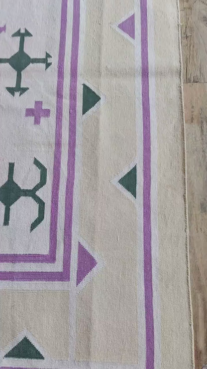 Lavender & Green Tribal Folk Motif Kilim - Traditional Star Pattern Dhurrie