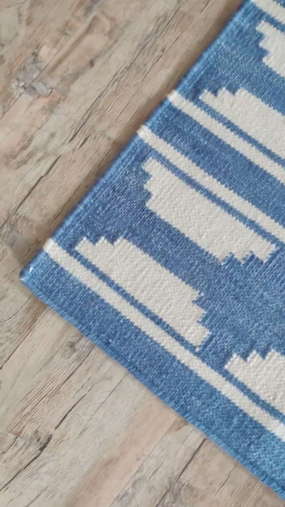 Geometric Blue Handwoven Modern Flatweave Area Rug For Dining and Living Room