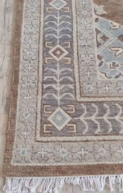 Transitional Muted Brown and Sage Center Medallion Rug