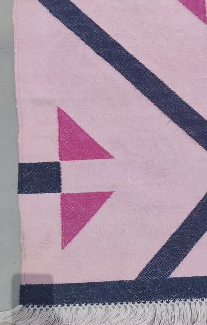Blush Pink Geometric Navy Diamond Dhurrie rug