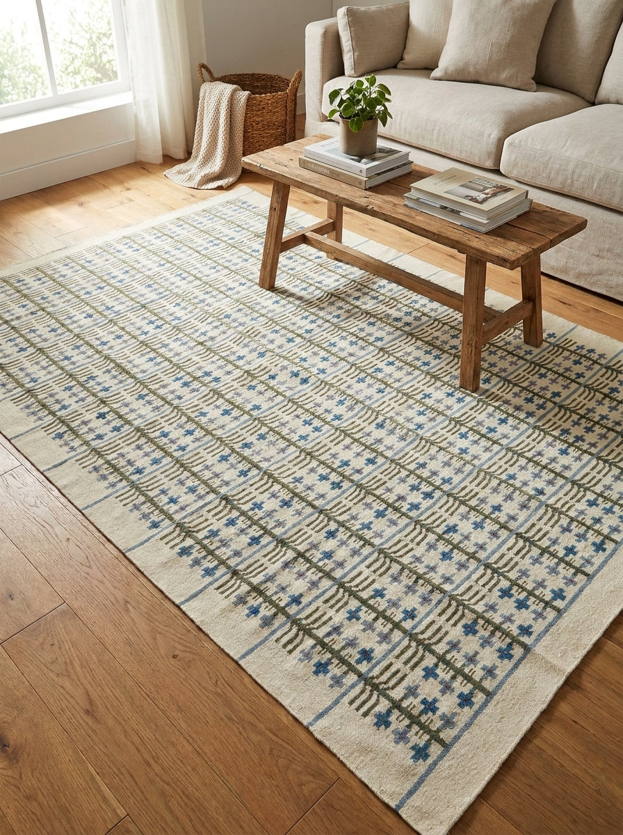 White Scandinavian Flatweave Kilim Style New Zealand Wool Area Rug for Bedroom and Living Room